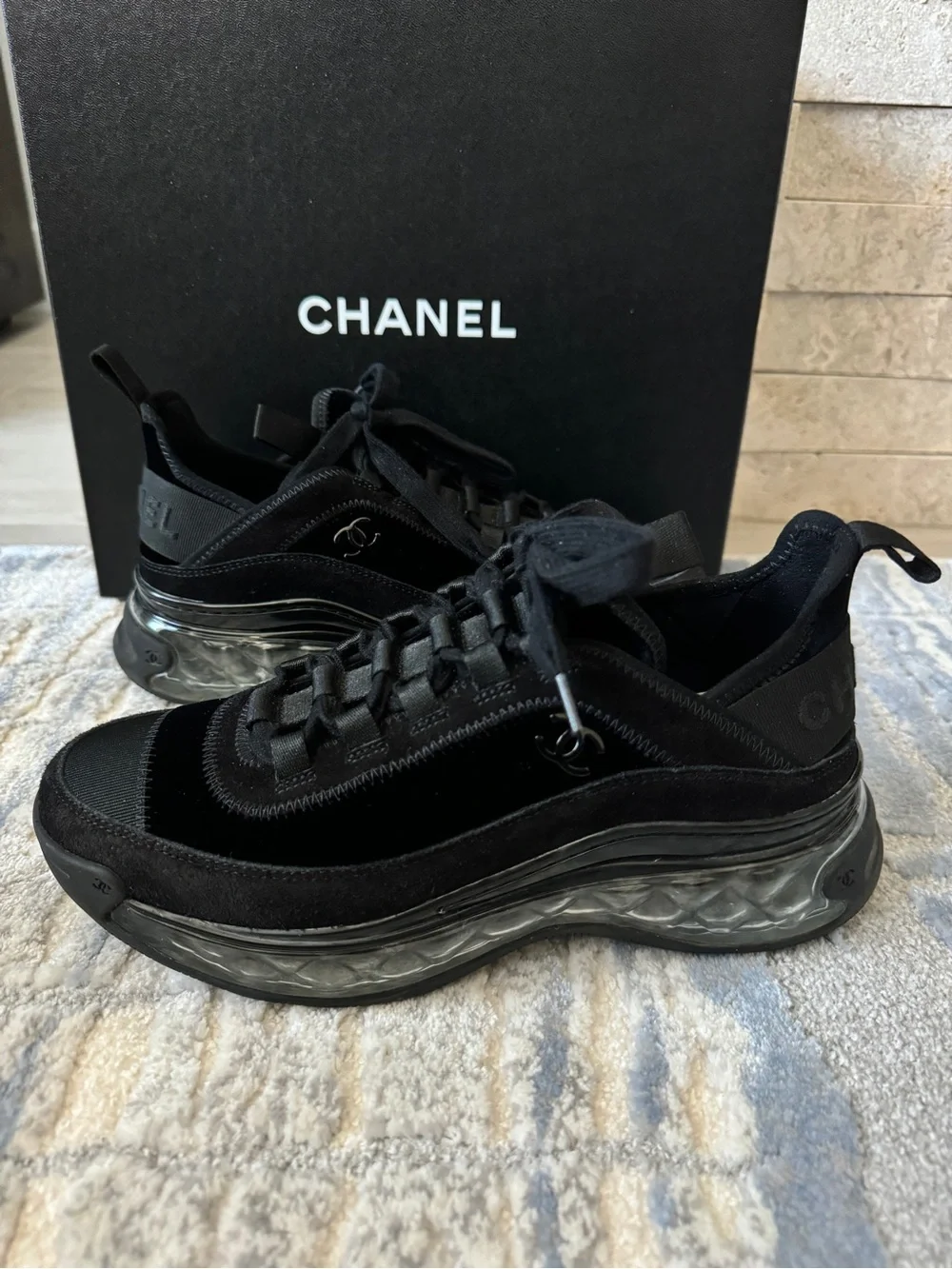 Chanel Black Velvet & Suede Sneakers CC Logo and Clear Quilted Heel